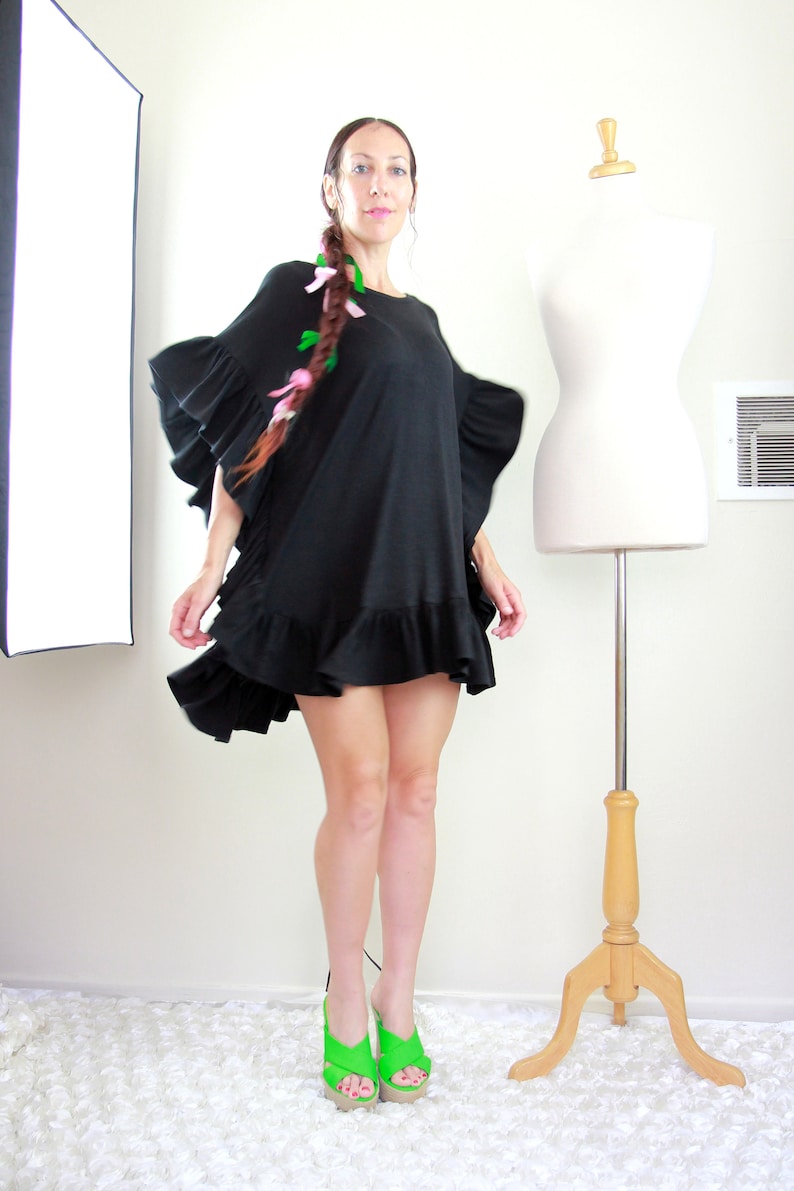 Black Beach Cover Up with Open Back Jersey Knit Beach Poncho Beach Dress with Ruffles and Low Back Lots of Colors image 2