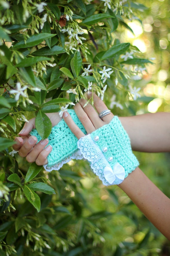 Fingerless Gloves - Mint Wrist Warmers with Pearls and Lace - Romantic Victorian Style Accessories