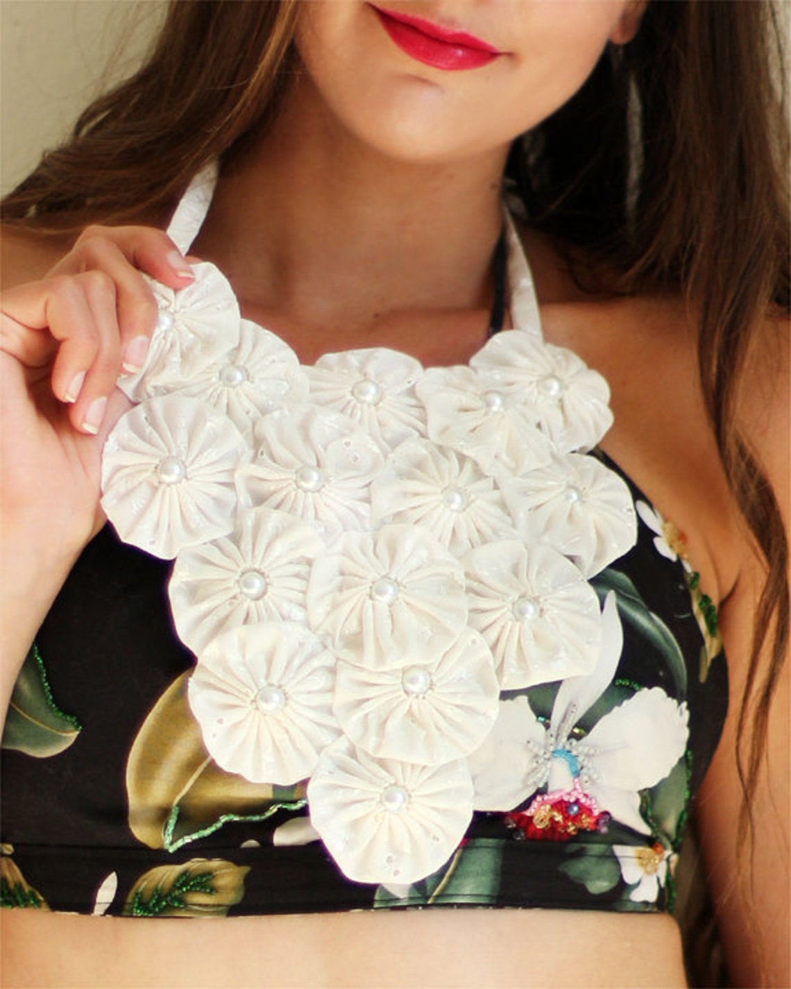 White Flower Bib Necklace Cotton Rosette Lei Etsy