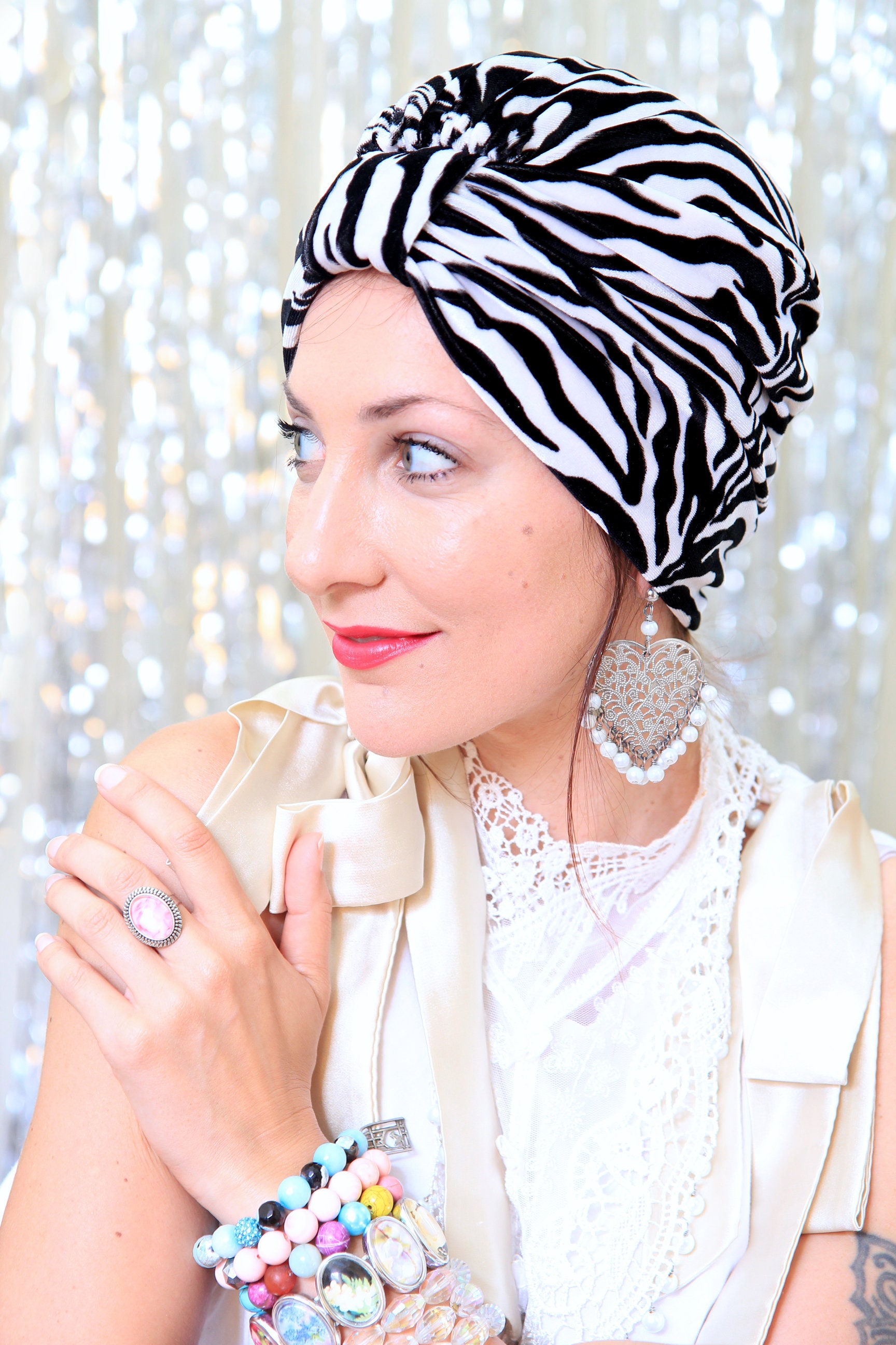 Zebra Print Turban in Velvet - Black and White Striped 
