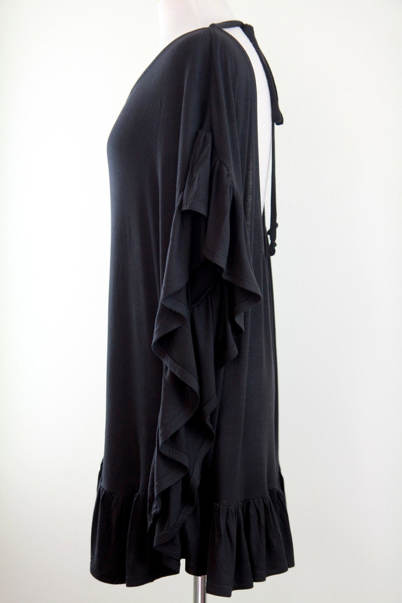 Black Beach Cover Up with Open Back Jersey Knit Beach Poncho Beach Dress with Ruffles and Low Back Lots of Colors image 7