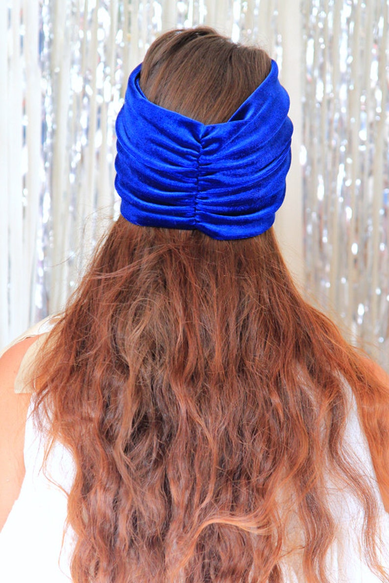 Velvet Turban Headband in Royal Blue Women's Bohemian Style Wide Headbands Optional Rhinestone Jewel image 3