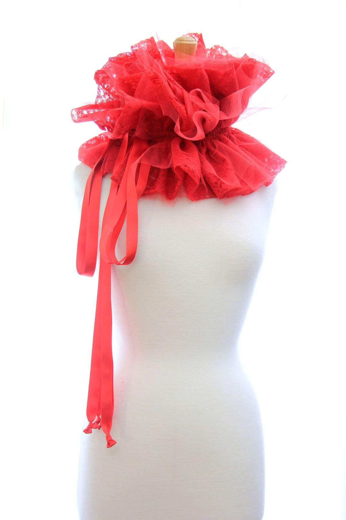 Red Neck Ruffles Lace and Tulle Neck Ruff in Red - Elizabethan Fashion Ruffs - Victorian ...