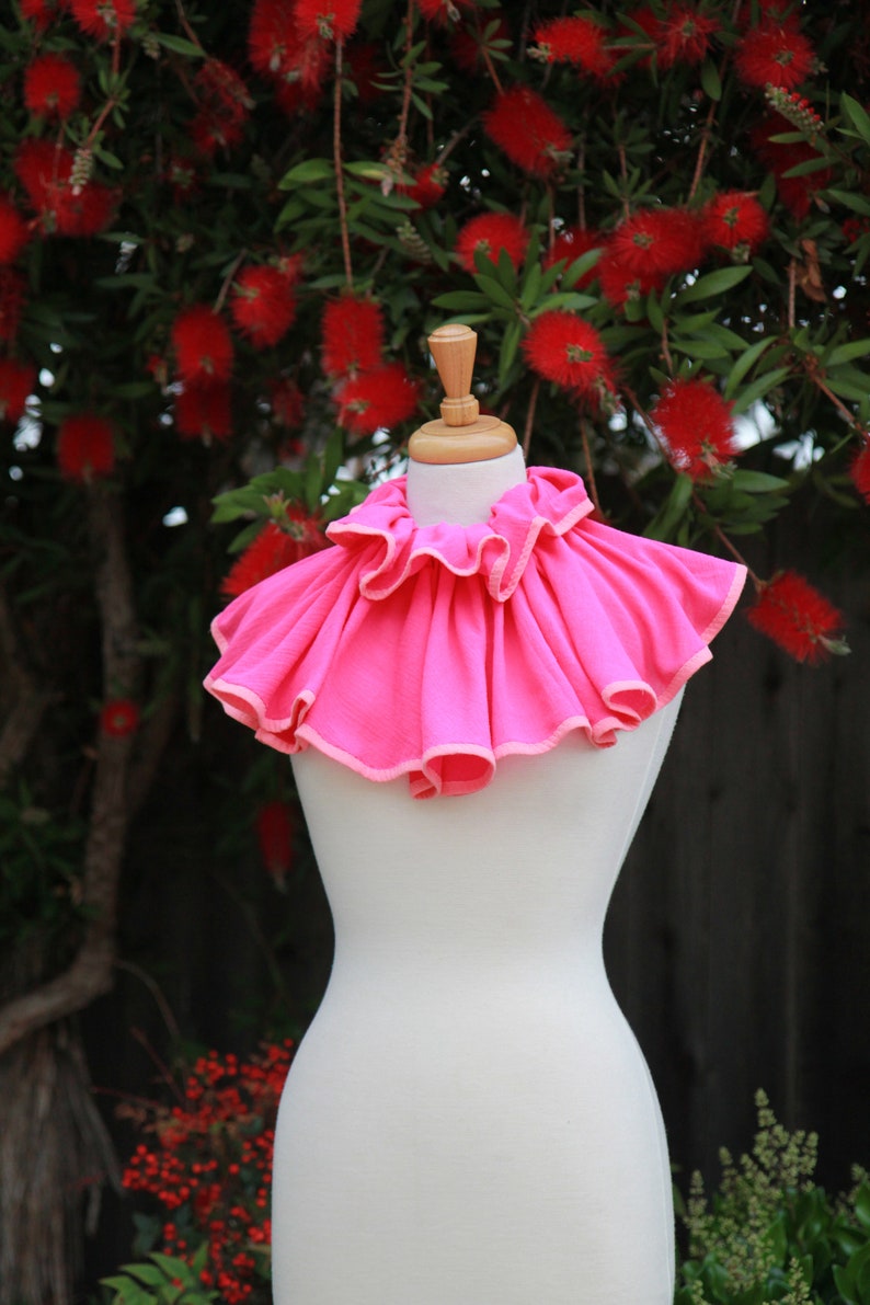 May include: A pink ruffled collar with a white trim. The collar is displayed on a white mannequin against a background of red flowers.