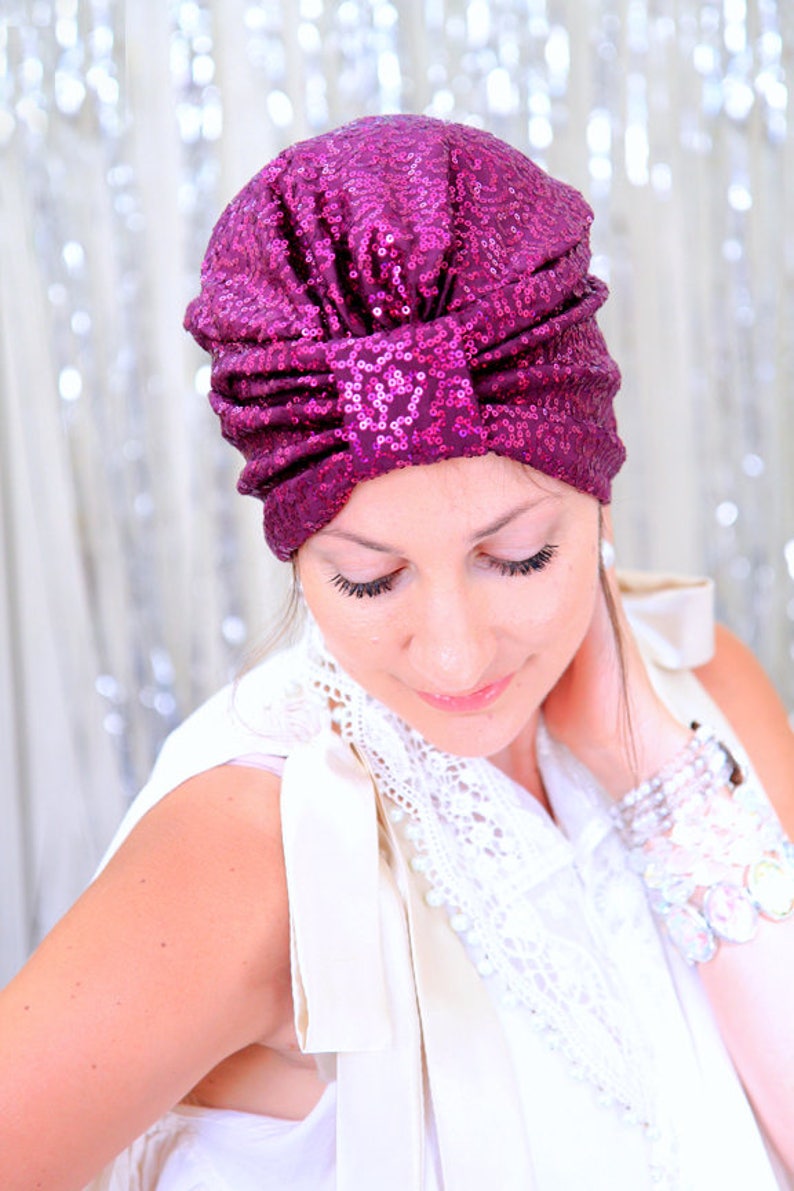 Women's Fashion Turban in Wine Sequins Sequin Hair Turbans by Mademoiselle Mermaid Lots of Colors image 4