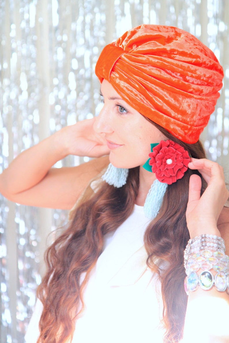 Orange Turban Hat Crushed Velvet Hair Turbans Bohemian Etsy