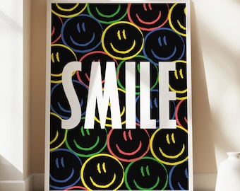 Impresión de sonrisas con emoticonos coloridos, tipografía, póster minimalista de emoticonos, motivacional, moderno