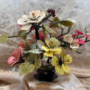 Vintage Jade, Jadeite, Carnelian and Agate Stone Handcrafted Blossoming Floral Bonsai-Style Sculpture