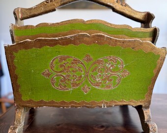 Vintage Italian Magazine Holder, Florentine Magazine Holder, Green and Gold Hollywood Regency Magazine Rack, Mid- Century Italian Gilt Decor