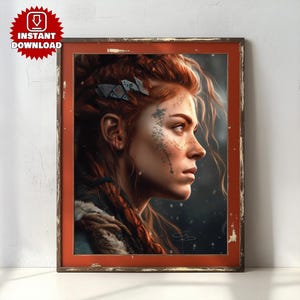 May include: A digital painting of a woman with red hair and a leather strap across her forehead. She has a fierce expression and is wearing a brown leather jacket.