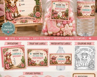 Cowgirl Birthday Kit Invitation Packet, Water Bottle Labels Coloring Page Cupcake Toppers, Treat labels, Stickers, party,  Digital download