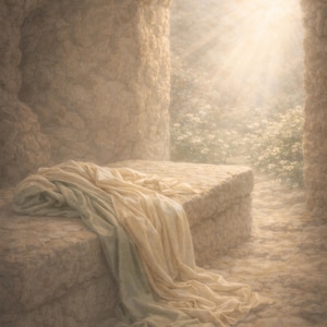 Puede incluir: Representación artística de una tumba vacía. Estructura de piedra con un paño drapeado y un arco abierto. La luz del sol atraviesa la abertura, iluminando un campo de flores blancas. La escena está representada en tonos suaves y apagados.