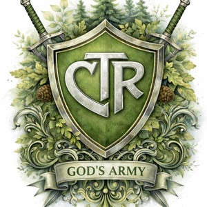 Op de afbeelding: Een groen schildontwerp met de zilveren letters CTR, geflankeerd door twee zwaarden. Het ontwerp is omgeven door groen gebladerte en dennenbomen. Een banner eronder luidt "GOD'S ARMY".