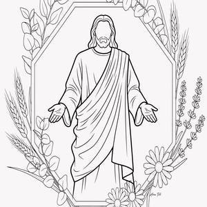 May include: Black and white line art illustration of a figure with outstretched arms, framed by an octagonal border and floral elements. The artwork includes wheat, daisies, lavender, and eucalyptus, with the artist's signature in the lower right corner.