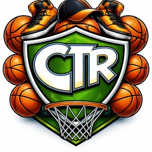 May include: A basketball-themed graphic with a green shield featuring the letters "CTR" in white and blue. The design includes orange basketballs, sneakers, a baseball cap, and a basketball hoop.