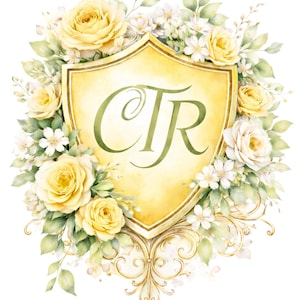 Op de afbeelding: Een aquarelontwerp met een gouden schild met de groene letters "CTR", omringd door gele rozen, witte bloemen en groene bladeren. Het schild heeft een decoratieve gouden rand en krullen.