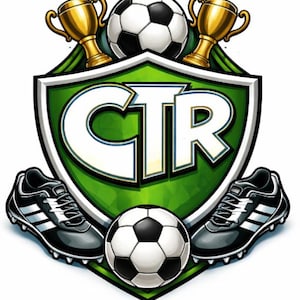 May include: A soccer emblem with a green and white shield, featuring the letters "CTR". Two gold trophies, two soccer balls, and a pair of black and white football boots complete the design. The image is set against a white background.