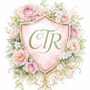 May include: A watercolor illustration of a pink shield with gold trim, featuring the letters "CTR" in green. The shield is surrounded by pink and cream roses, white flowers, and green leaves, with gold filigree accents.