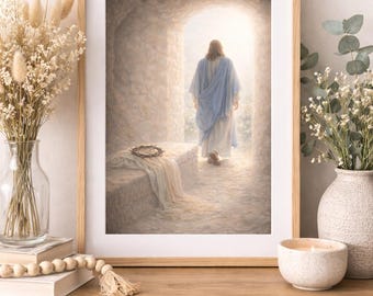 Stampa artistica cristiana di Gesù che lascia il sepolcro, decorazione murale per la Pasqua e la Resurrezione (download digitale)