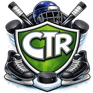 Op de afbeelding: Een hockey-thema grafisch ontwerp met een blauwe helm, hockeysticks, pucks en schaatsen. Het ontwerp bevat een groen en wit schild met de witte letters "CTR". Het ontwerp staat tegen een witte achtergrond met blauwe accenten.