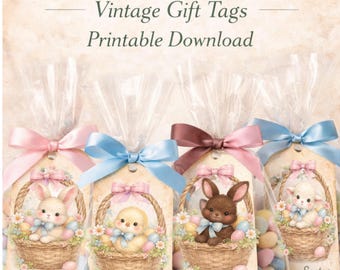 Etichette regalo pasquali vintage con coniglietti, pulcini e agnellini (file stampabili da scaricare)