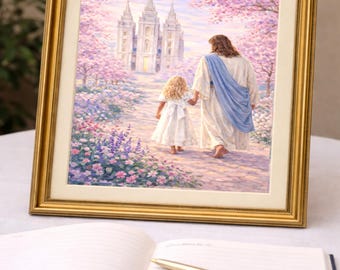 Bambina bionda, battesimo, Gesù, cammina con me, decorazione murale LDS (download digitale)