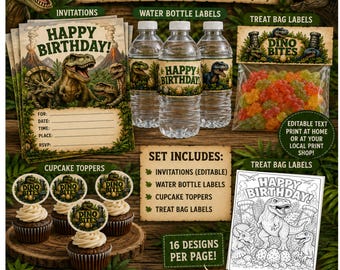 Dinosaur Birthday Kit Invitation Packet, Water Bottle Labels Coloring Page Cupcake Toppers, Treat labels, Stickers, party,  Digital download