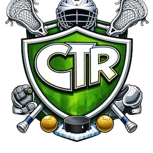 May include: A green shield with the letters "CTR" in white and yellow, surrounded by lacrosse equipment. The image includes a helmet, two lacrosse sticks, two lacrosse balls, a hockey puck, and protective gear.