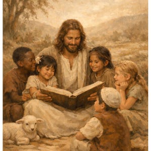 Op de afbeelding: Een schilderij toont een man met lang haar die een boek voorleest aan een groep kinderen, met een lammetje ernaast. Het kunstwerk gebruikt een warm, aards kleurenschema, waardoor een vredige en serene sfeer ontstaat, buiten.