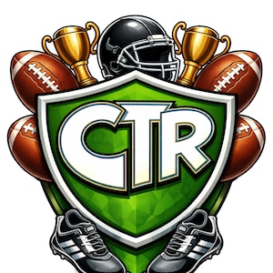 May include: A green shield with the letters "CTR" in white, surrounded by American footballs, trophies, a black helmet, and cleats. The footballs are brown with white laces, and the trophies are gold.