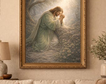 Stampa artistica di Gesù nel Getsemani, decorazione murale cristiana, decorazione per la Settimana Santa (download digitale)