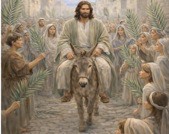Stampa digitale di Gesù con i bambini per la Domenica delle Palme, decorazione murale cristiana (download digitale)