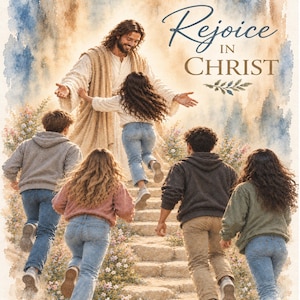 Op de afbeelding: Een illustratie in aquarel-stijl toont een figuur met lang haar en een gewaad die bovenaan een stenen trap staat met de armen uitgestrekt naar vijf kinderen die omhoog rennen. De tekst "Rejoice IN CHRIST" staat in de rechterbovenhoek.