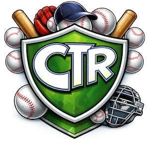 Op de afbeelding: Een groen schild met de letters "CTR" in het wit, omringd door honkballen, knuppels, een handschoen, een catcher's masker en een blauwe honkbalpet. De honkballen hebben rode stiksels.
