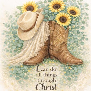 Rustic Boots Sunflowers Lace Art Print, Christian Scripture (Digital Download)