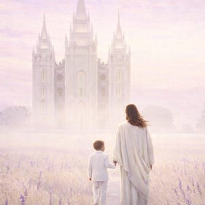 May include: A serene image depicts a figure in white robes holding hands with a child, walking towards a large white building with spires. The scene is set in a field of lavender-colored flowers under a soft, pastel sky.
