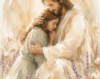 Christian Art, Jesus comforting a young lady, LDS, Watercolor, Digital Download Bonus coloring page, Youth theme,