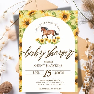 Editable Horse Baby Shower Invitation Template | Western Cowgirl Baby Shower Invitation | Sunflower Baby Shower Invitation