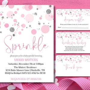 d'invitations modifiable pour fillette bébé saupoudrer | Faire-part de naissance rose et argenté à pois | Carte de fête prénatale imprimable