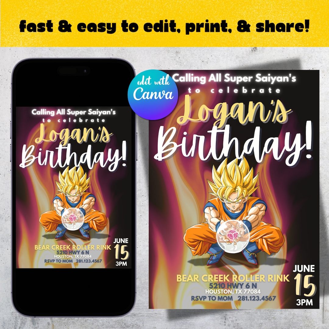 Editable Digital Template Dragon Ball Z Birthday Card Mobile Invitation Superhero Birthday Party ...