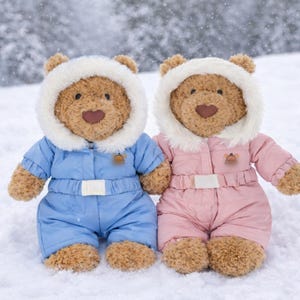 Puede incluir: Dos osos de peluche con trajes de invierno. Uno lleva un mono de nieve azul claro y el otro rosa. Ambos tienen capuchas con borde de piel blanca y cinturones a juego. Están en la nieve.