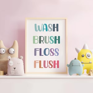Wash Brush Floss Flush Print, Children&#39;s Bathroom Rules, Printable Bathroom Wall Art, Washroom Decor, Kids Bathroom Rules, DIGITAL DOWNLOAD