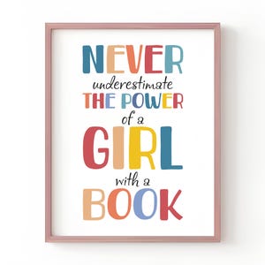 Never underestimate the power of a girl with a book – Home Decor, Printable Motivational quote, Homeschool, Classroom Decor