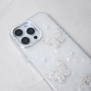 Handmade White Butterfly Shell Pattern Bling Phone Case With Large Sparkly Rhinestones For iPhone 16 Plus 15 Pro Max Samsung Galaxy S23 S24
