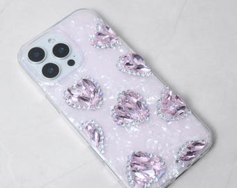 Handmade Heart Pink Shell Pattern Bling Phone Case: iPhone 17 Pro Max, iPhone 17 Pro, iPhone 17, Galaxy S25 Ultra, Galaxy S24 Ultra
