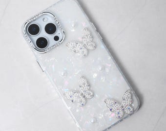 Handmade Butterfly White Shell Pattern Bling Phone Case: iPhone 17 Pro Max, iPhone 17 Pro, iPhone 17, Galaxy S25 Ultra, Galaxy S24 Ultra