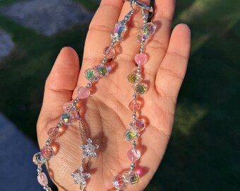 Handmade Flower Pink Iridescent Sparking Phone Charm Strap, Beaded Bag Chain, Keychain Accessory