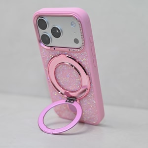 Coque iPhone MagSafe à strass roses avec support, coque en silicone scintillante avec béquille : iPhone 17 Pro Max, iPhone 17 Pro, iPhone 17