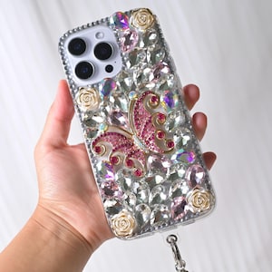 Handmade Pink Crystal Butterfly Phone Case: iPhone 16/17 Pro Max, Galaxy