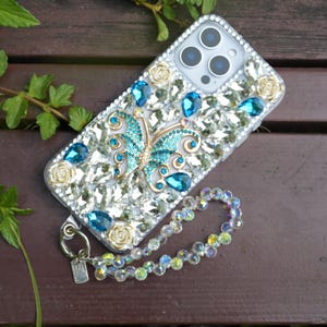 Blue Crystal Butterfly Phone Case: iPhone 16/17 Pro Max, Galaxy